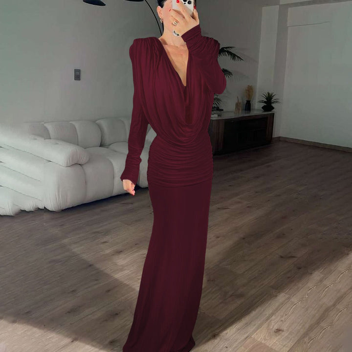 Maxi dress with gathers, pleats design, and open back - ANAEL
