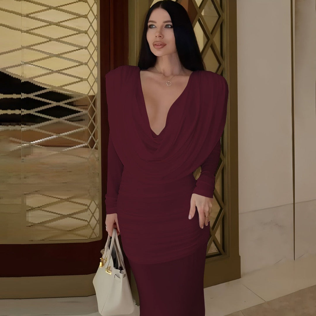 Maxi dress with gathers, pleats design, and open back - ANAEL