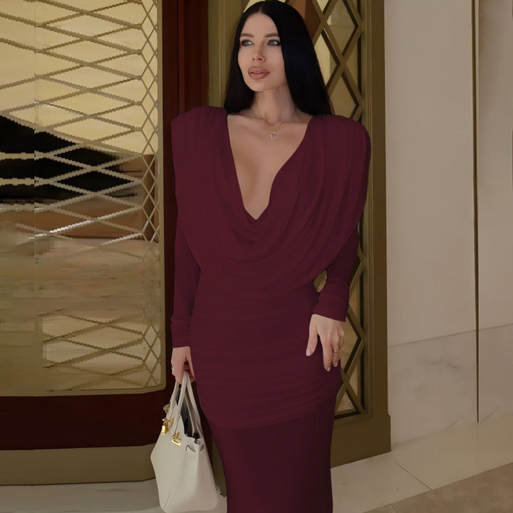 Maxi dress with gathers, pleats design, and open back - ANAEL