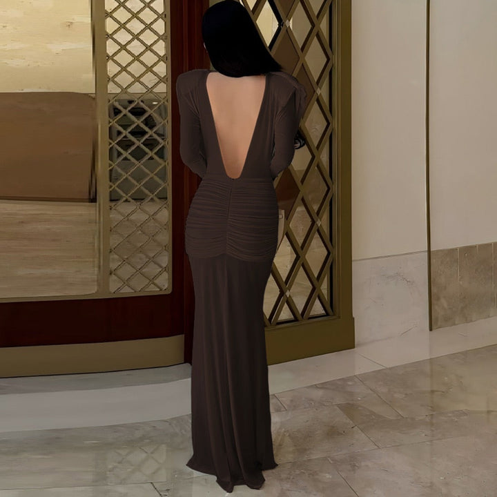 Maxi dress with gathers, pleats design, and open back - ANAEL