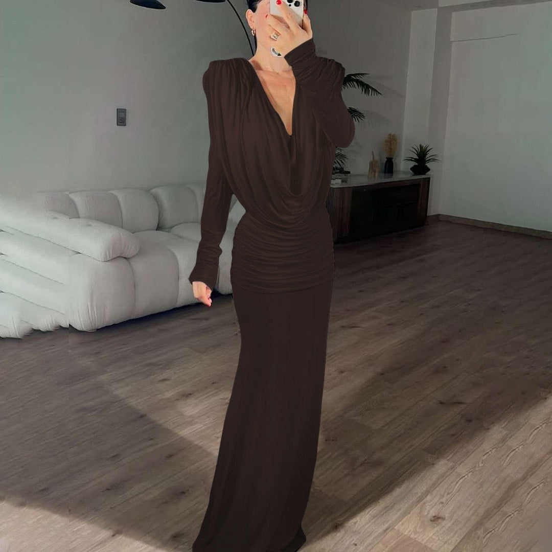 Maxi dress with gathers, pleats design, and open back - ANAEL