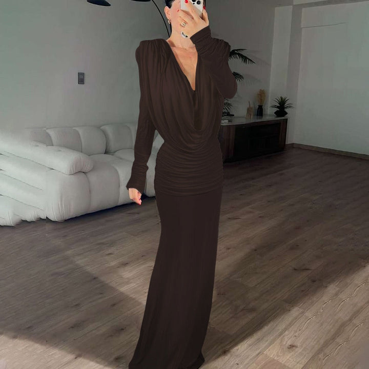 Maxi dress with gathers, pleats design, and open back - ANAEL