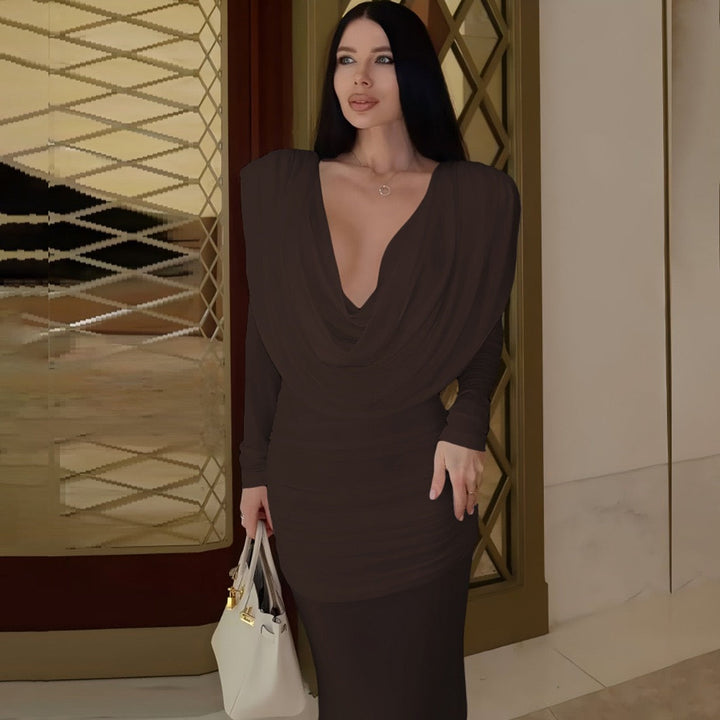 Maxi dress with gathers, pleats design, and open back - ANAEL