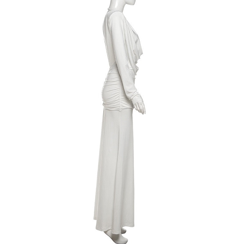 Maxi dress with gathers, pleats design, and open back - ANAEL