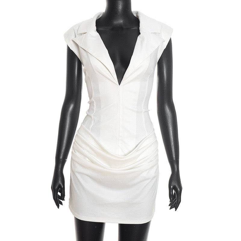 Tailored mini dress with pin closure and pleats - EDEN