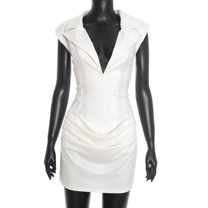 Tailored mini dress with pin closure and pleats - EDEN