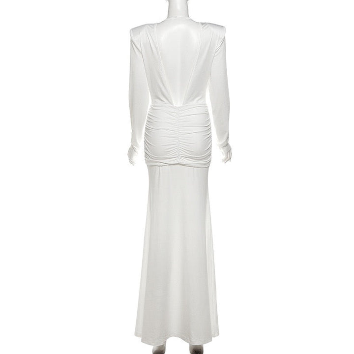Maxi dress with gathers, pleats design, and open back - ANAEL