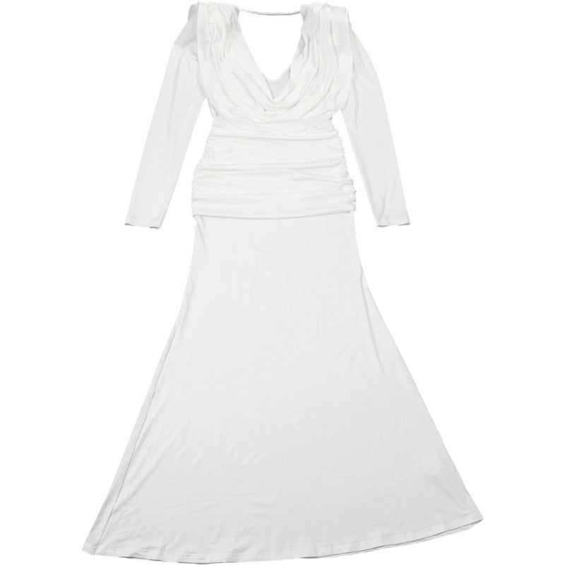 Maxi dress with gathers, pleats design, and open back - ANAEL