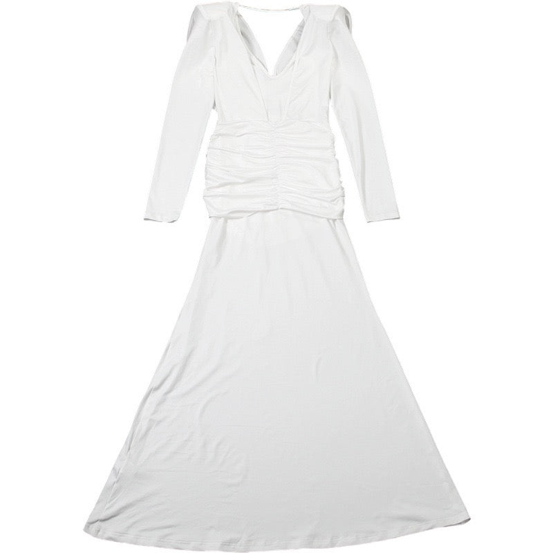 Maxi dress with gathers, pleats design, and open back - ANAEL