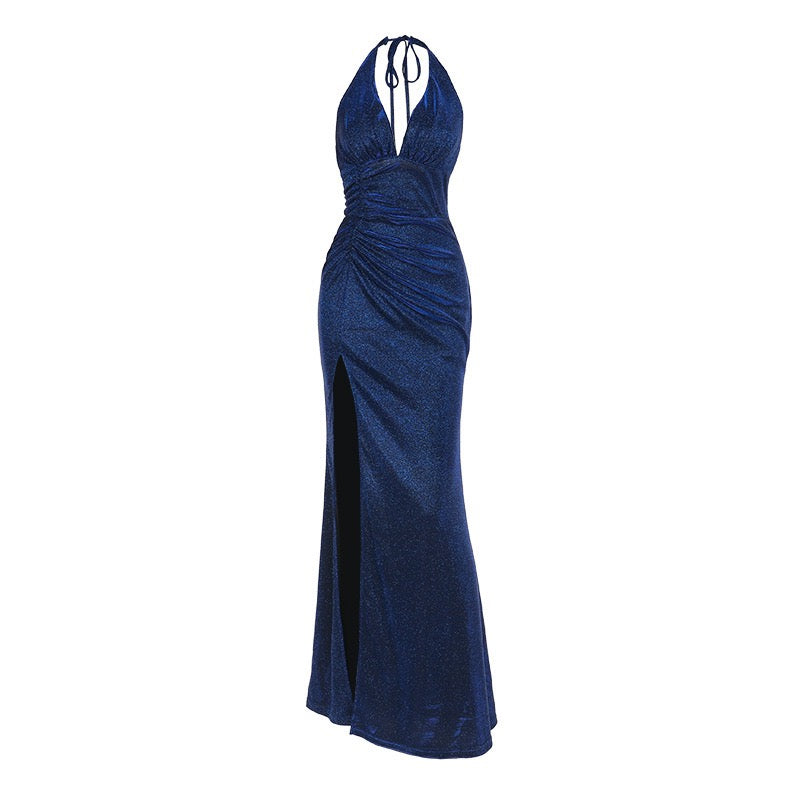 Maxi dress with sequins, gathers, and slit design - KRISTI