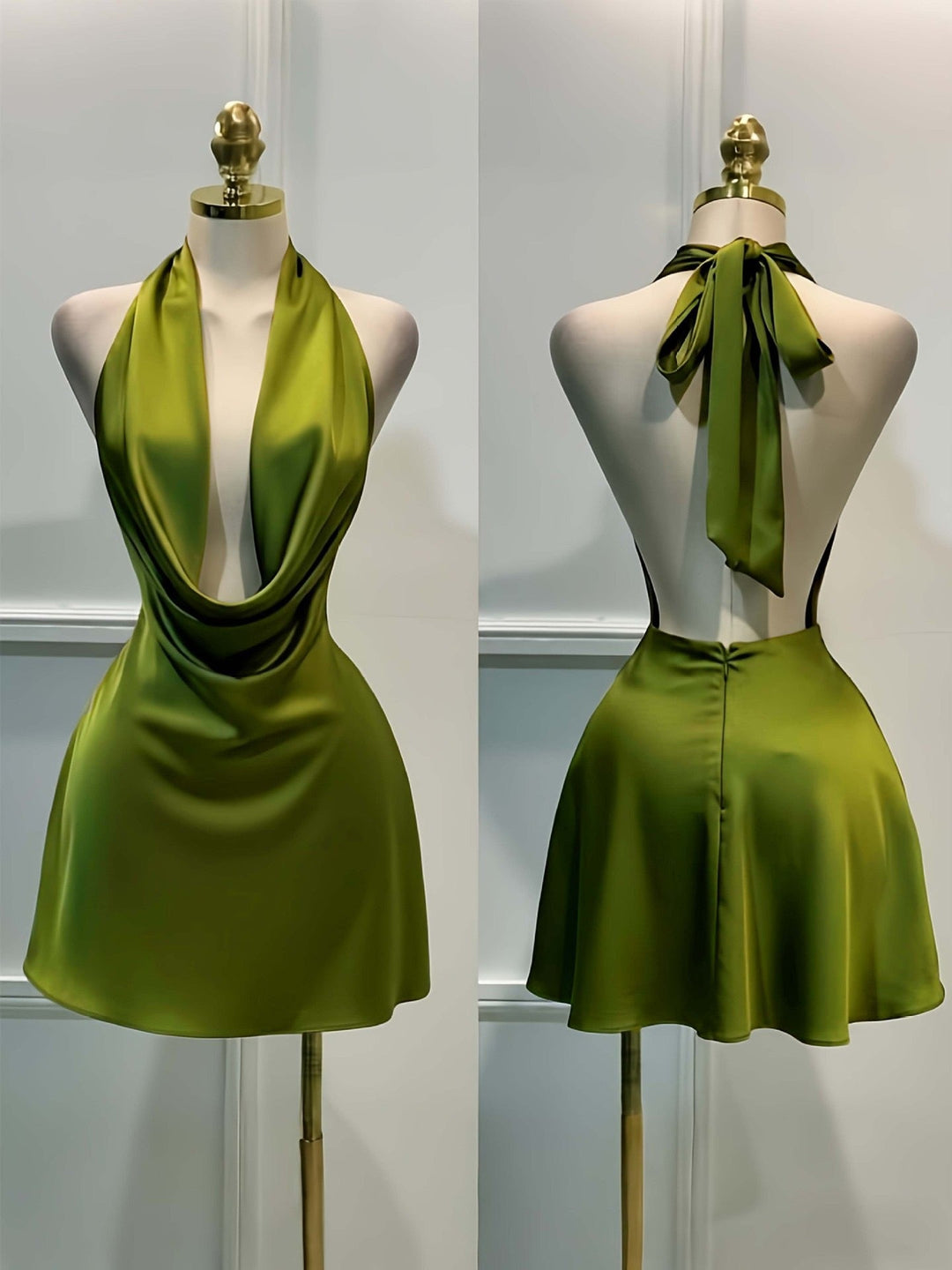 Gigi satin mini dress with a neck tie and open back