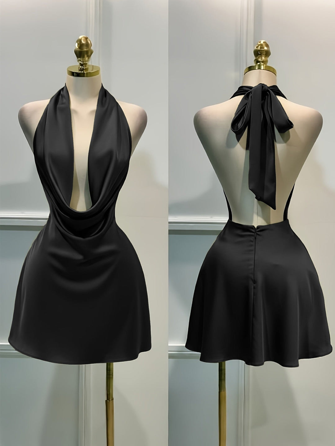 Gigi satin mini dress with a neck tie and open back