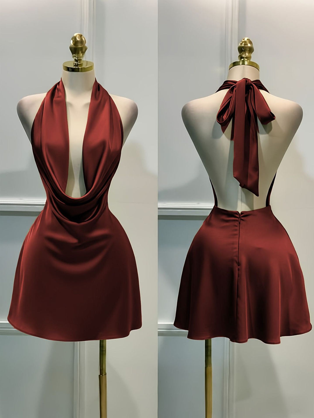 Gigi satin mini dress with a neck tie and open back