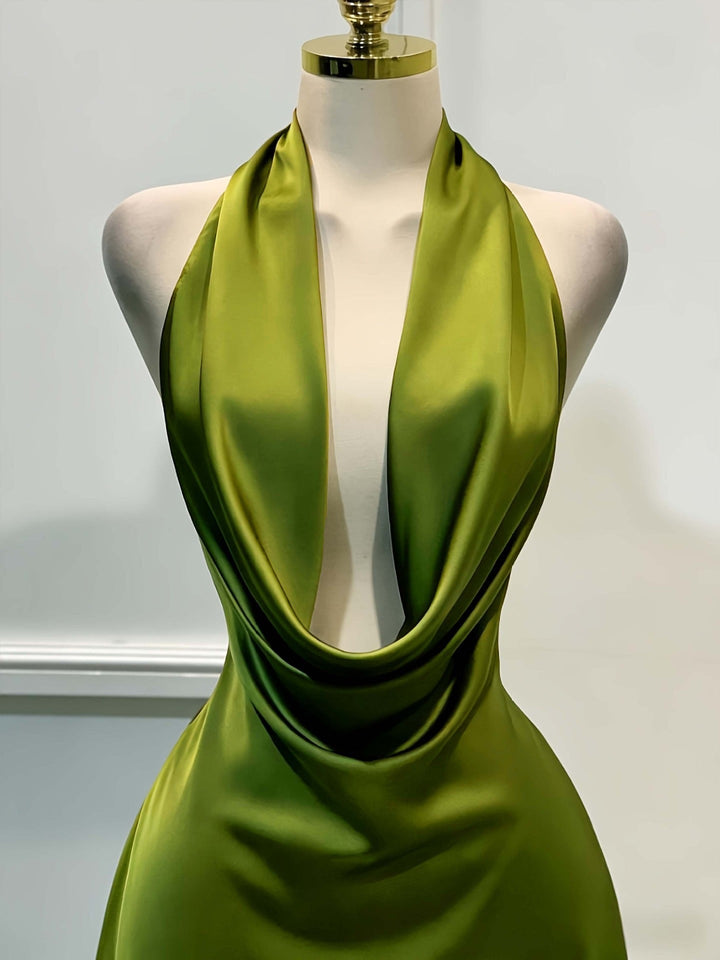 Gigi satin mini dress with a neck tie and open back