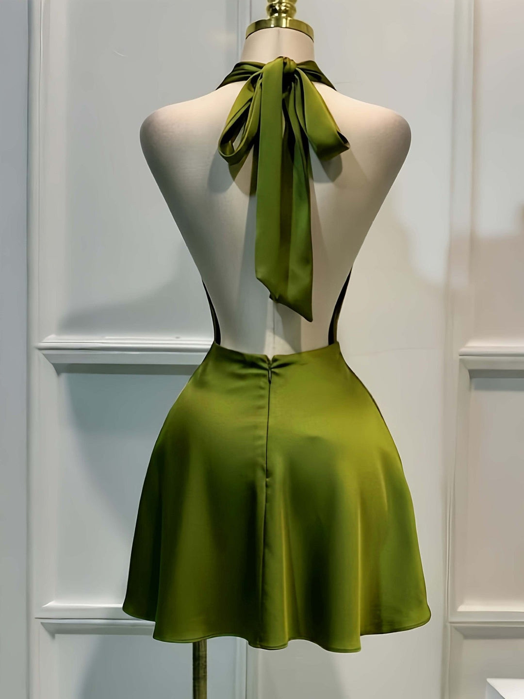 Gigi satin mini dress with a neck tie and open back