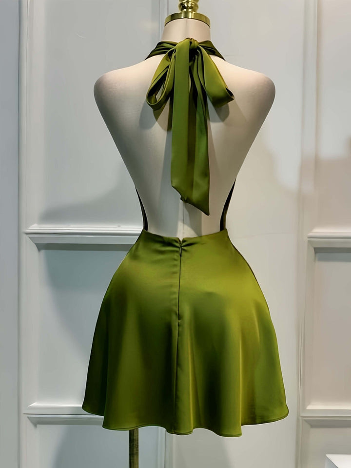 Gigi satin mini dress with a neck tie and open back
