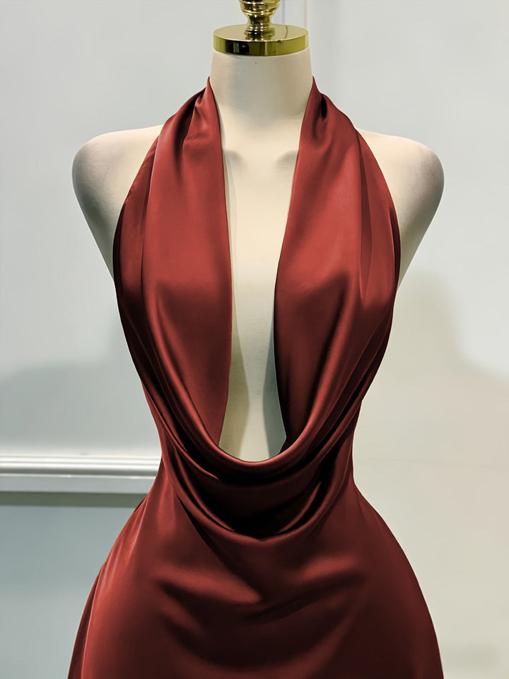 Gigi satin mini dress with a neck tie and open back