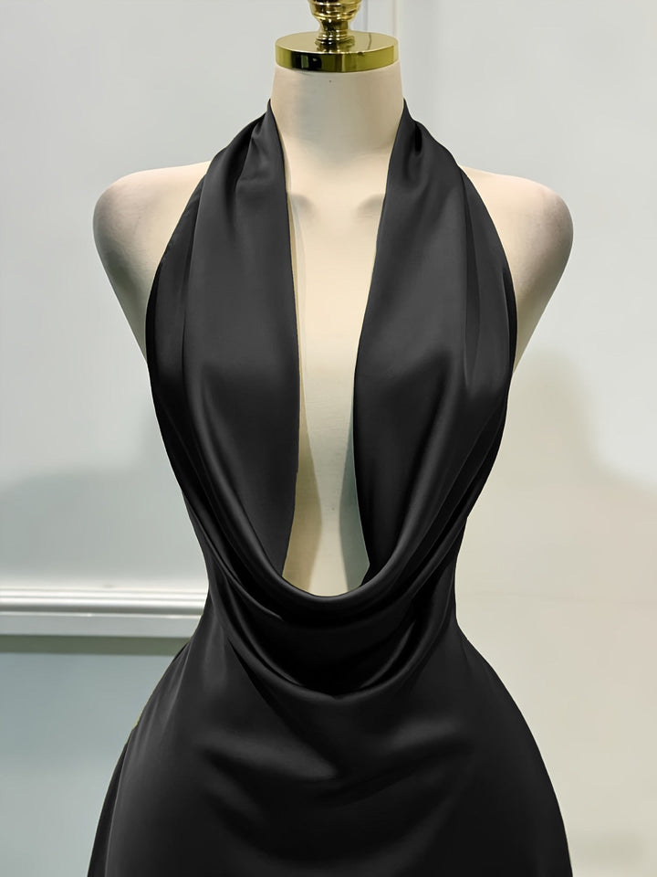 Gigi satin mini dress with a neck tie and open back