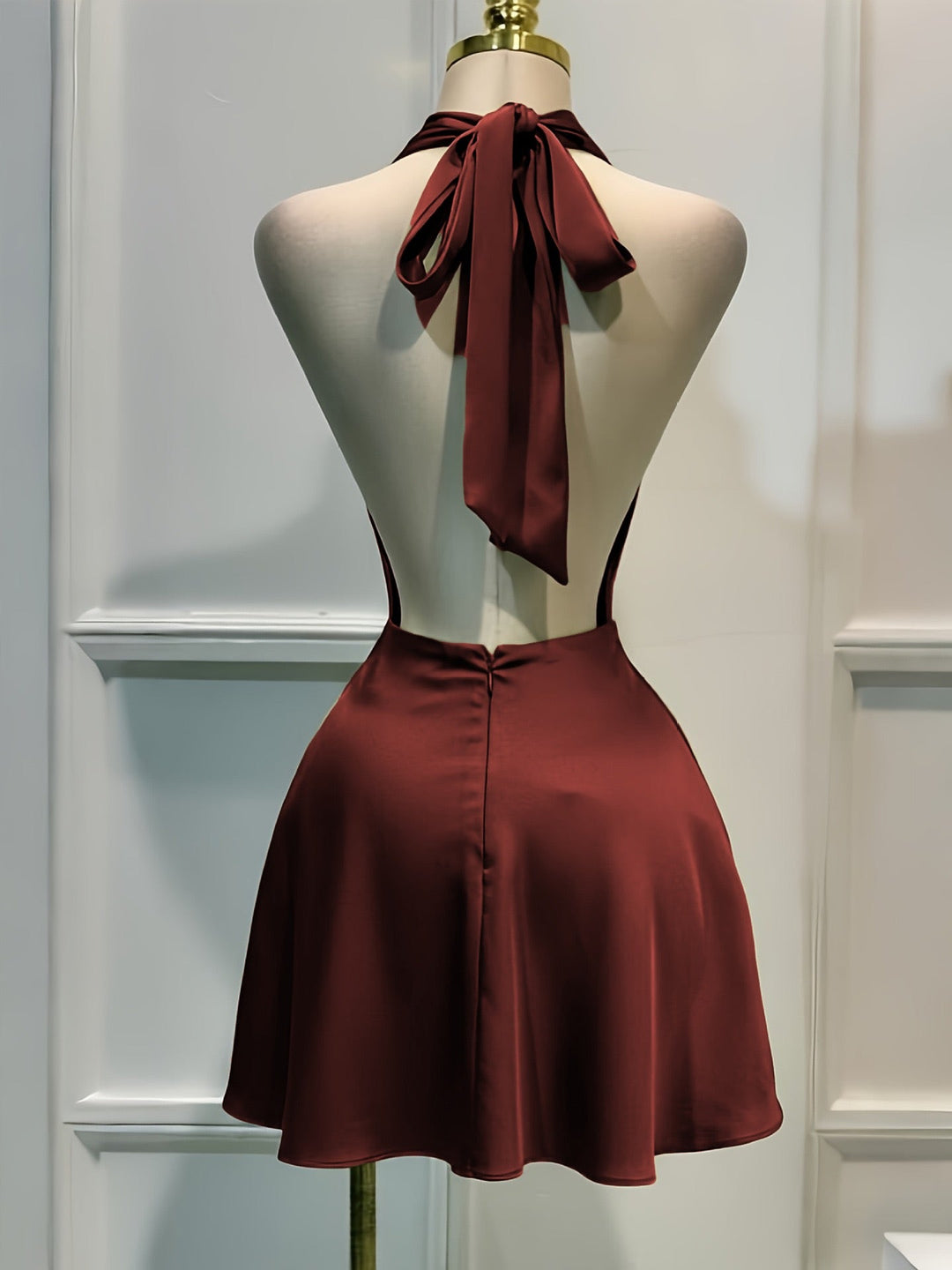 Gigi satin mini dress with a neck tie and open back
