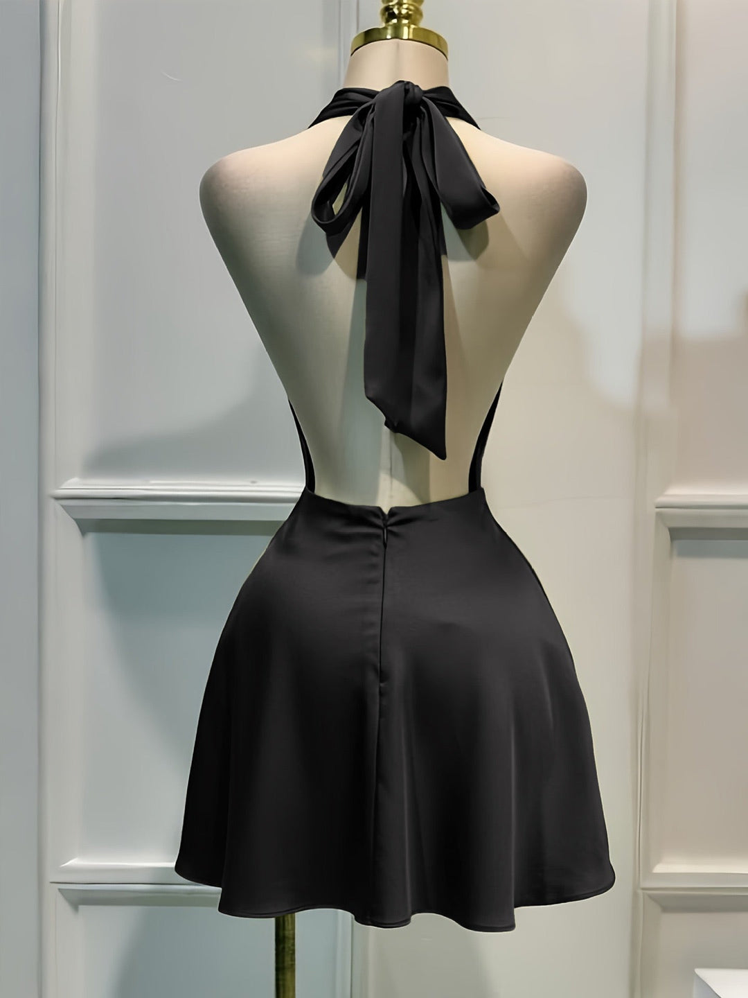 Gigi satin mini dress with a neck tie and open back