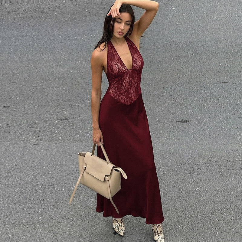 Lace-trimmed satin maxi dress with open back closure - MARIN