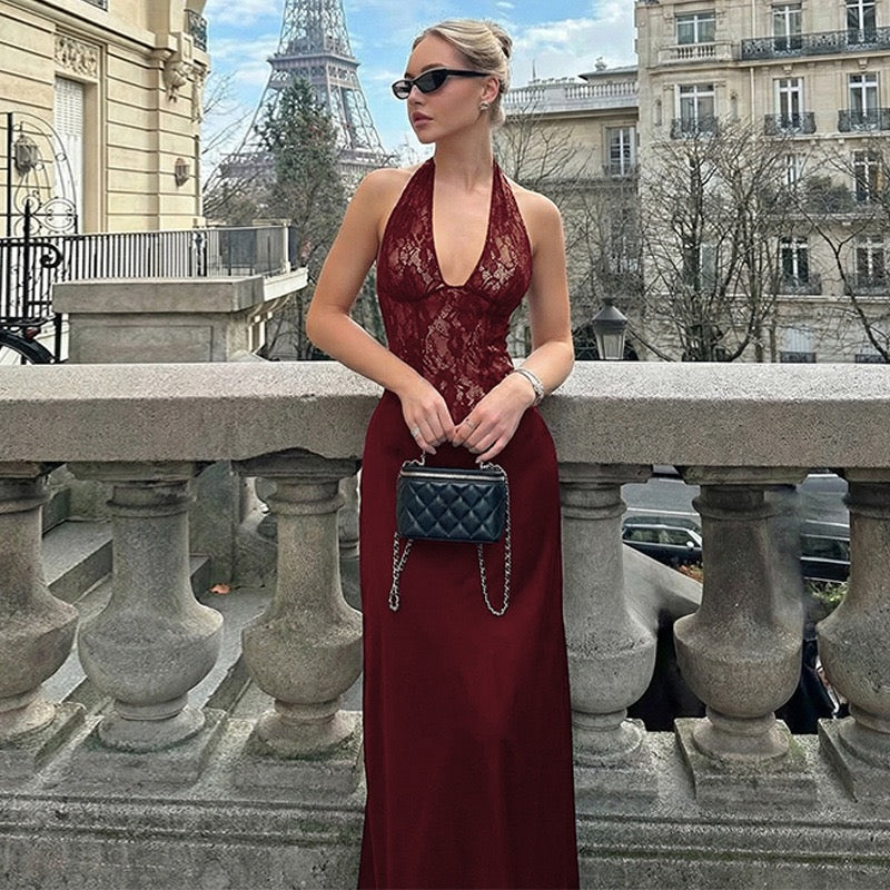 Lace-trimmed satin maxi dress with open back closure - MARIN