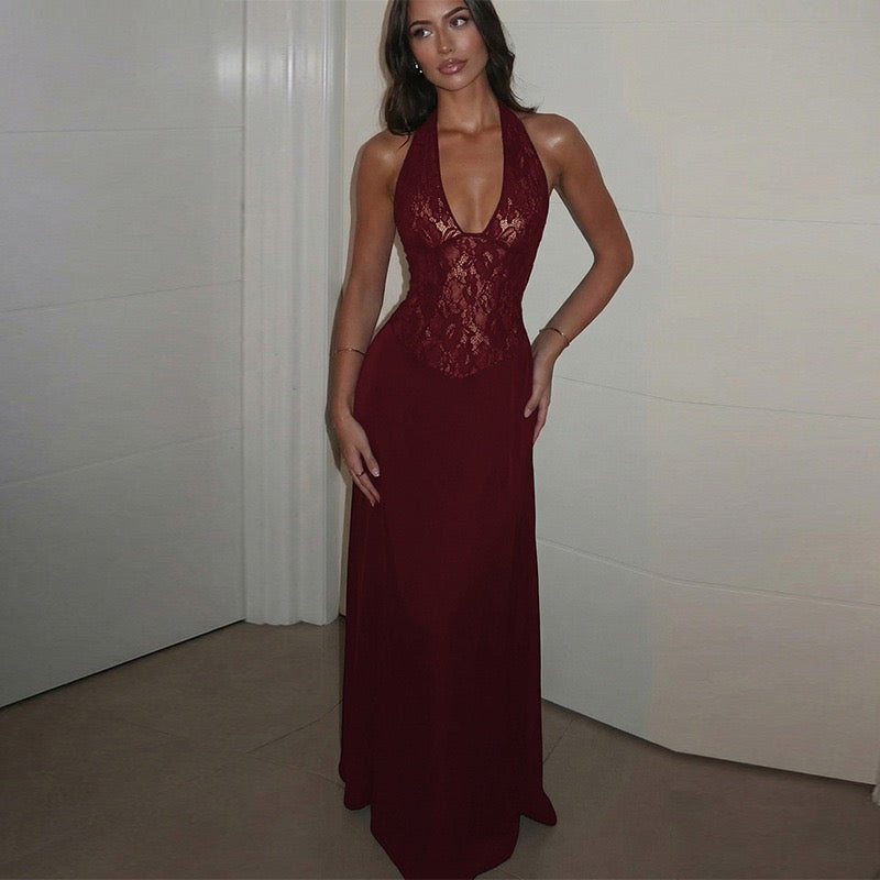 Lace-trimmed satin maxi dress with open back closure - MARIN