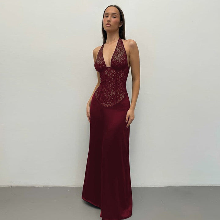 Lace-trimmed satin maxi dress with open back closure - MARIN