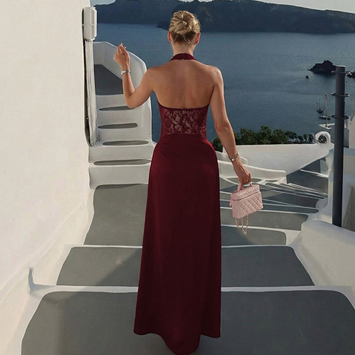 Lace-trimmed satin maxi dress with open back closure - MARIN