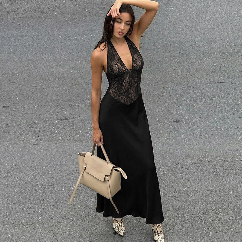 Lace-trimmed satin maxi dress with open back closure - MARIN