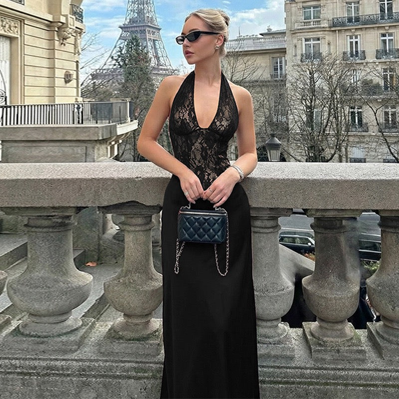 Lace-trimmed satin maxi dress with open back closure - MARIN