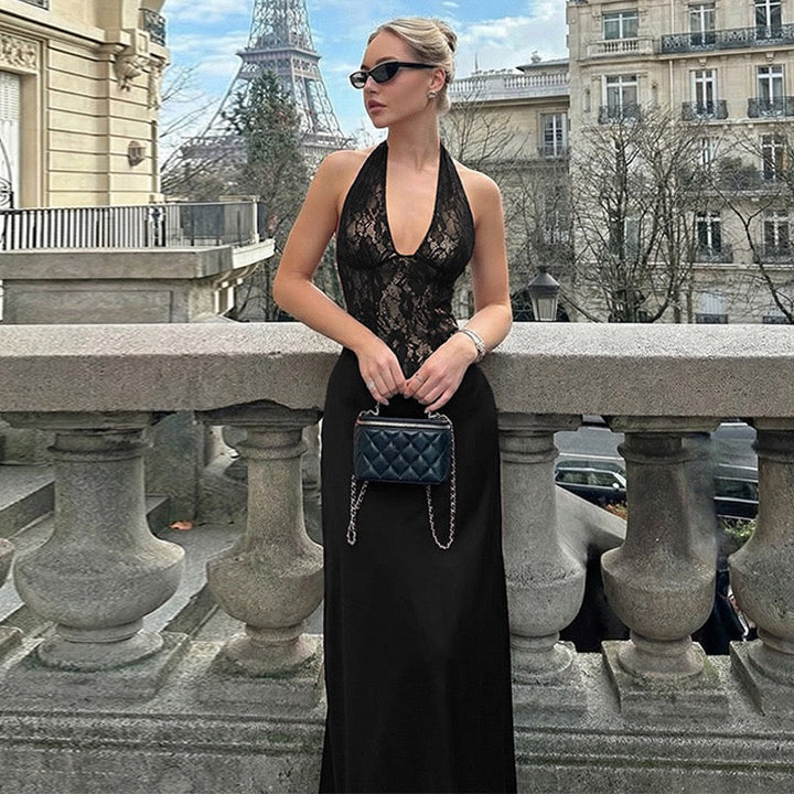 Lace-trimmed satin maxi dress with open back closure - MARIN