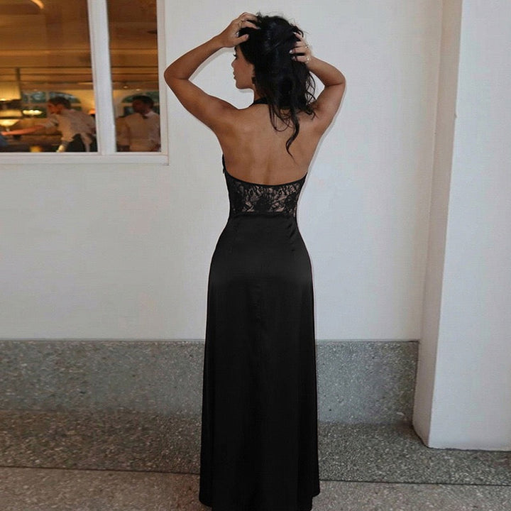 Lace-trimmed satin maxi dress with open back closure - MARIN