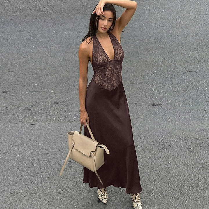 Lace-trimmed satin maxi dress with open back closure - MARIN