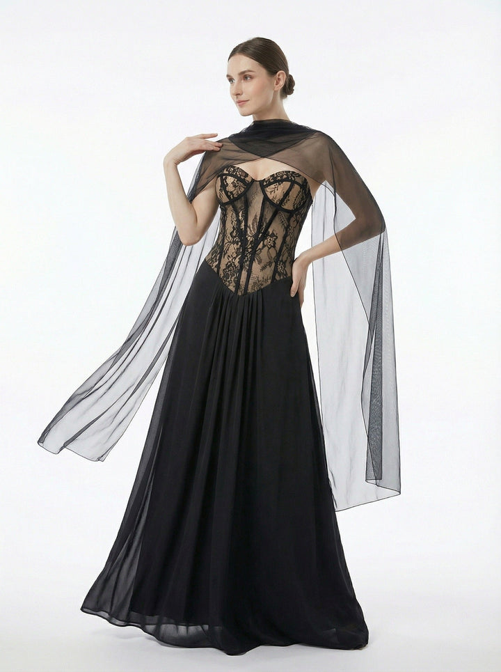 Strapless maxi lace dress with satin design - GALINA
