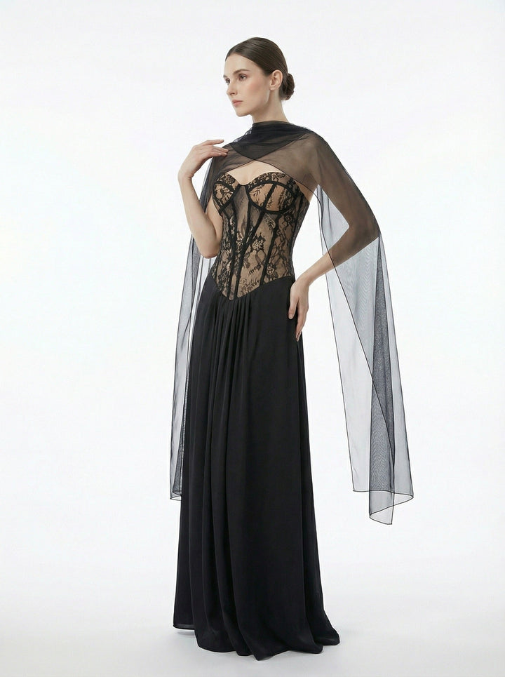 Strapless maxi lace dress with satin design - GALINA