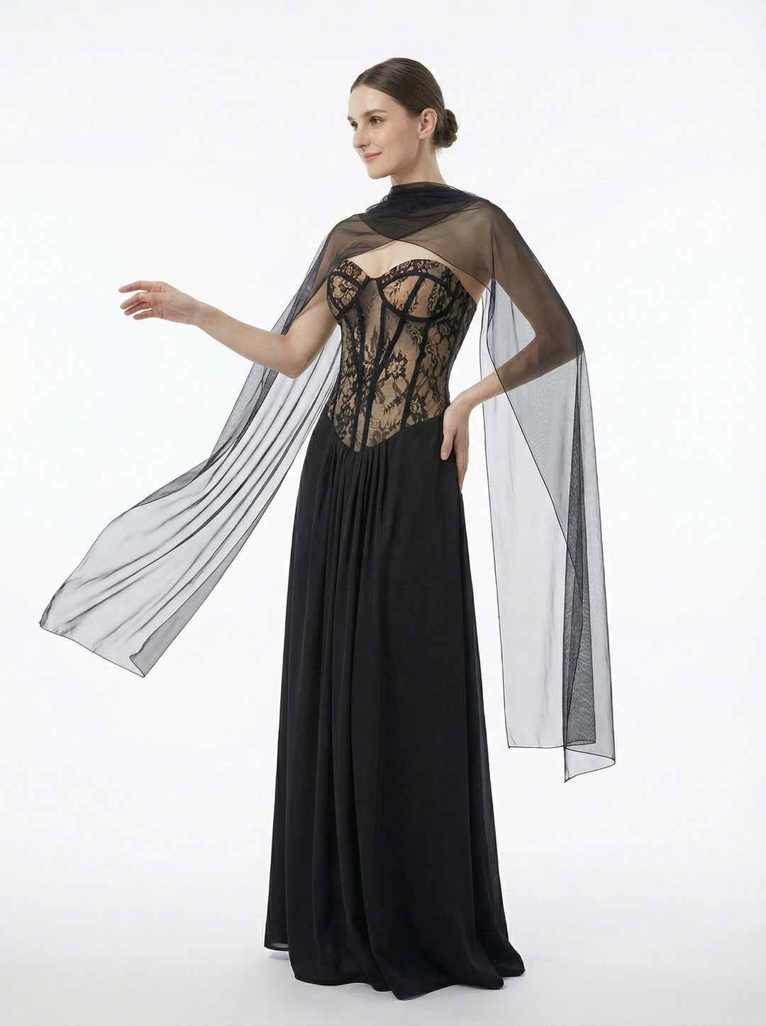 Strapless maxi lace dress with satin design - GALINA