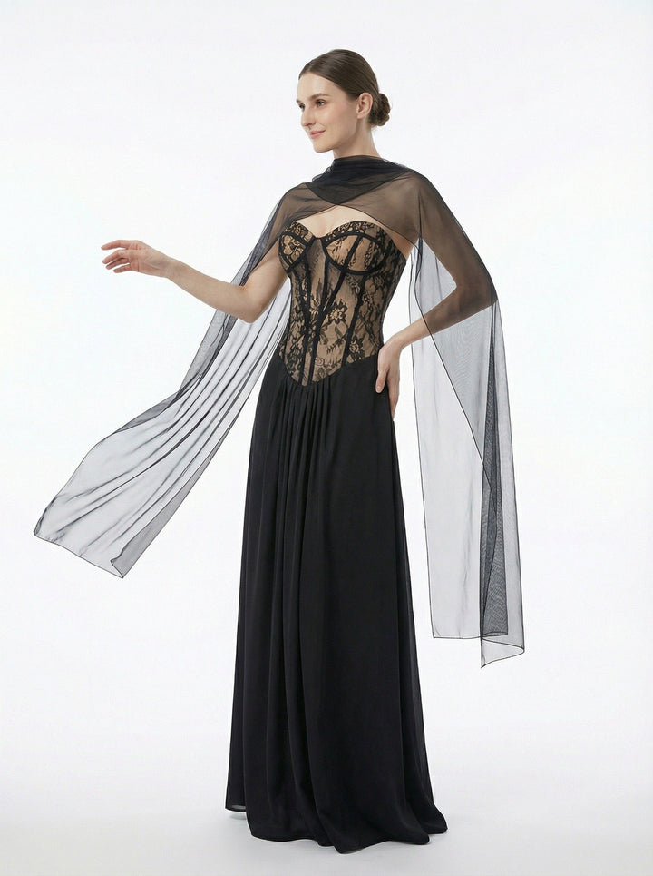 Strapless maxi lace dress with satin design - GALINA
