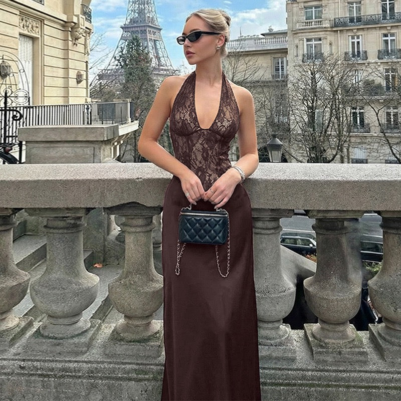 Lace-trimmed satin maxi dress with open back closure - MARIN