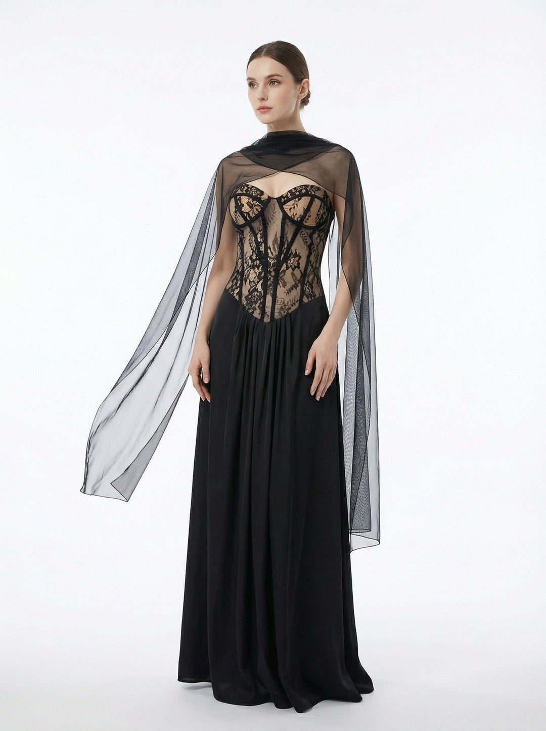 Strapless maxi lace dress with satin design - GALINA
