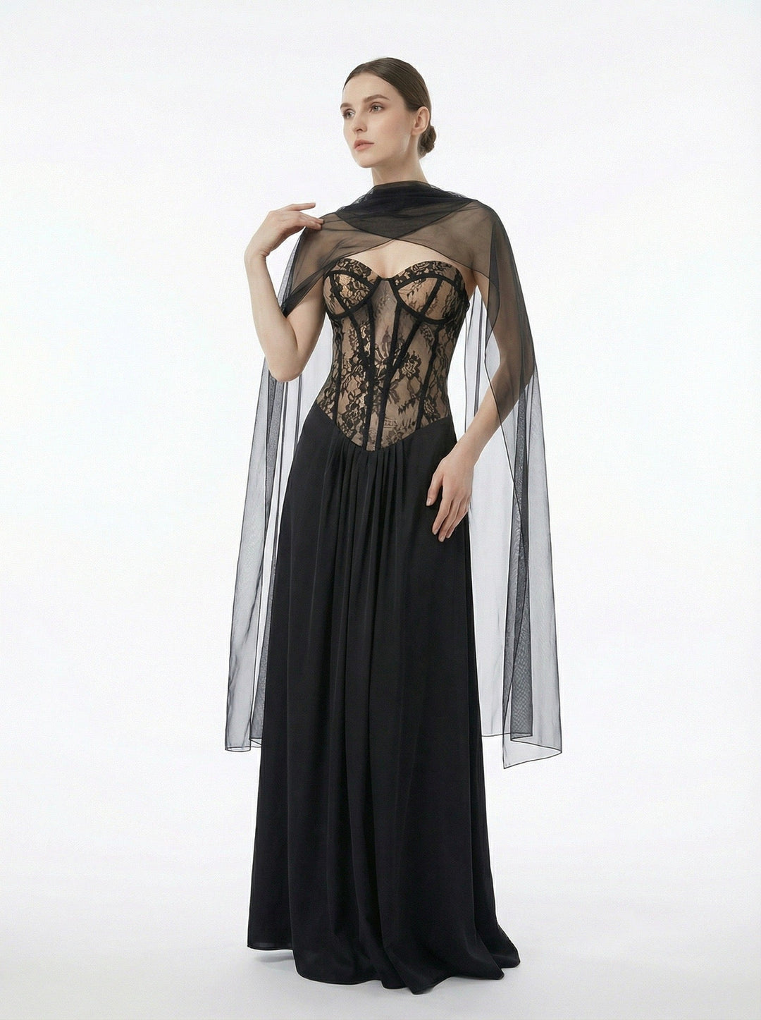 Strapless maxi lace dress with satin design - GALINA