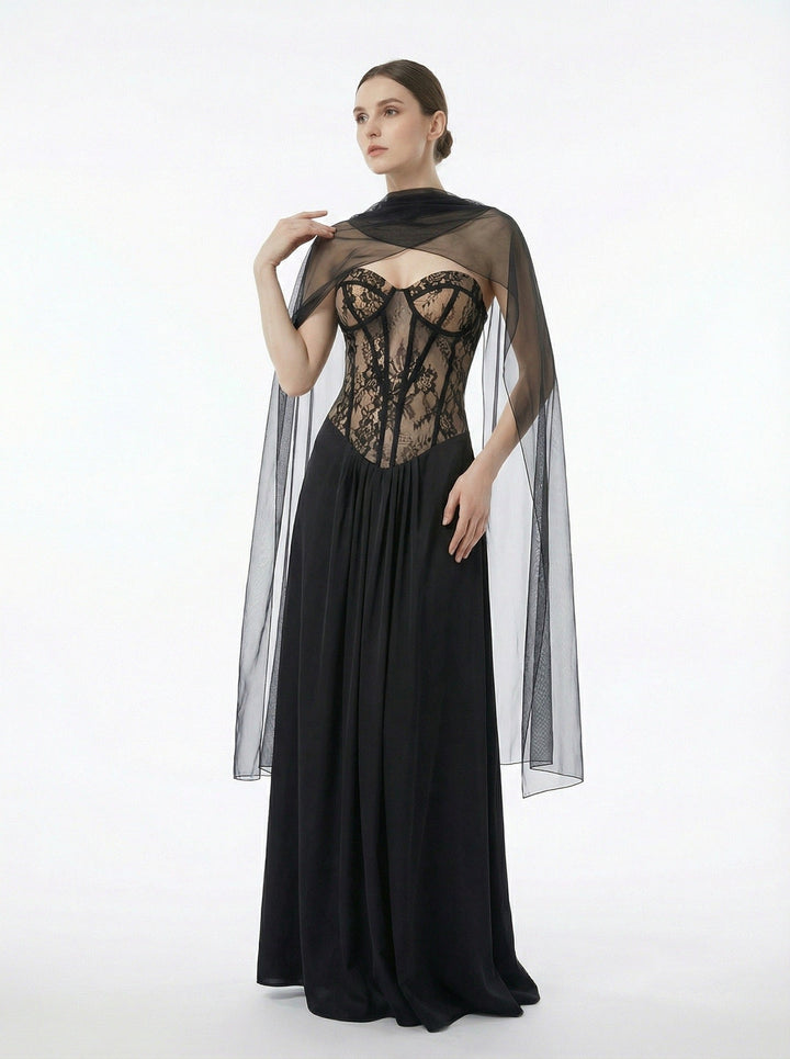 Strapless maxi lace dress with satin design - GALINA