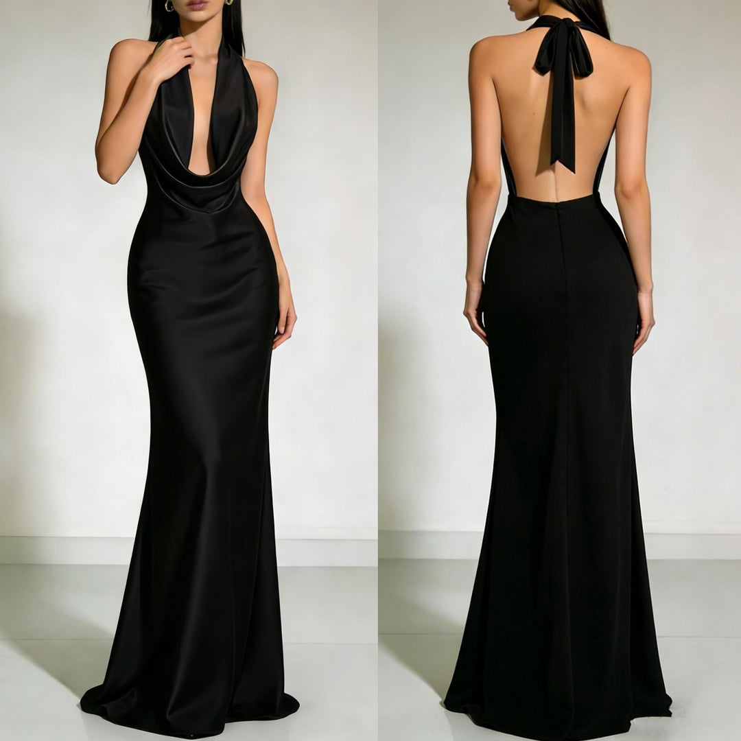 Gail satin maxi dress with a neck tie and open back