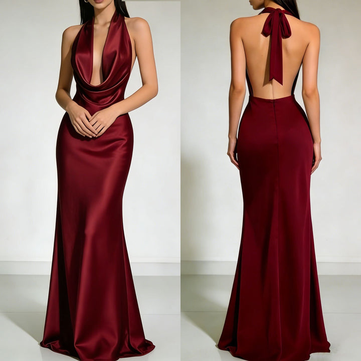 Gail satin maxi dress with a neck tie and open back