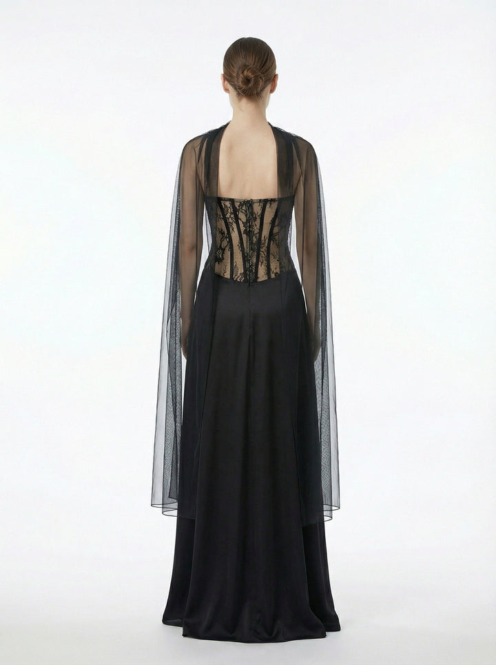 Strapless maxi lace dress with satin design - GALINA