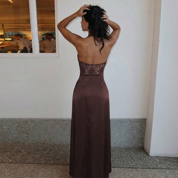 Lace-trimmed satin maxi dress with open back closure - MARIN