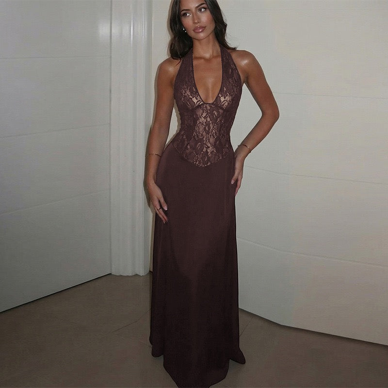 Lace-trimmed satin maxi dress with open back closure - MARIN