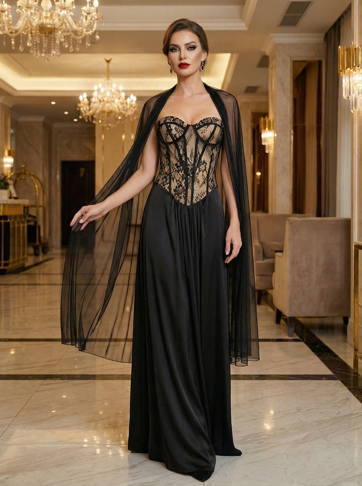 Strapless maxi lace dress with satin design - GALINA