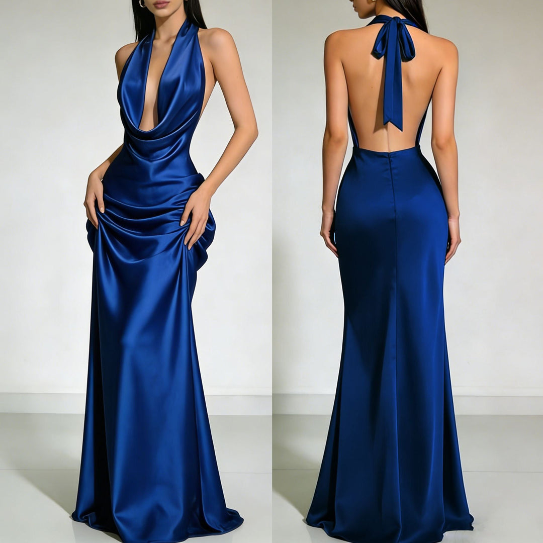 Gail satin maxi dress with a neck tie and open back