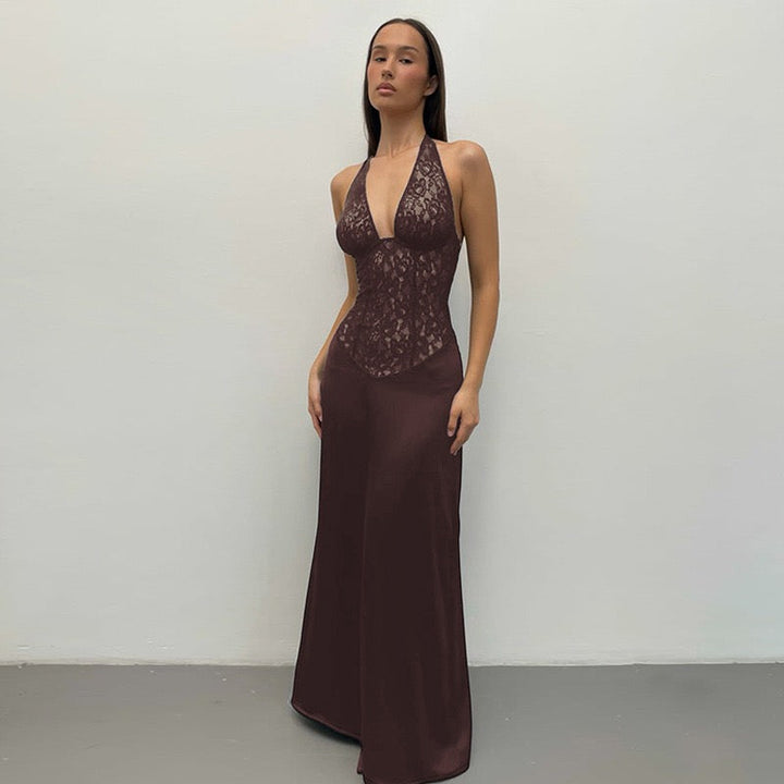 Lace-trimmed satin maxi dress with open back closure - MARIN